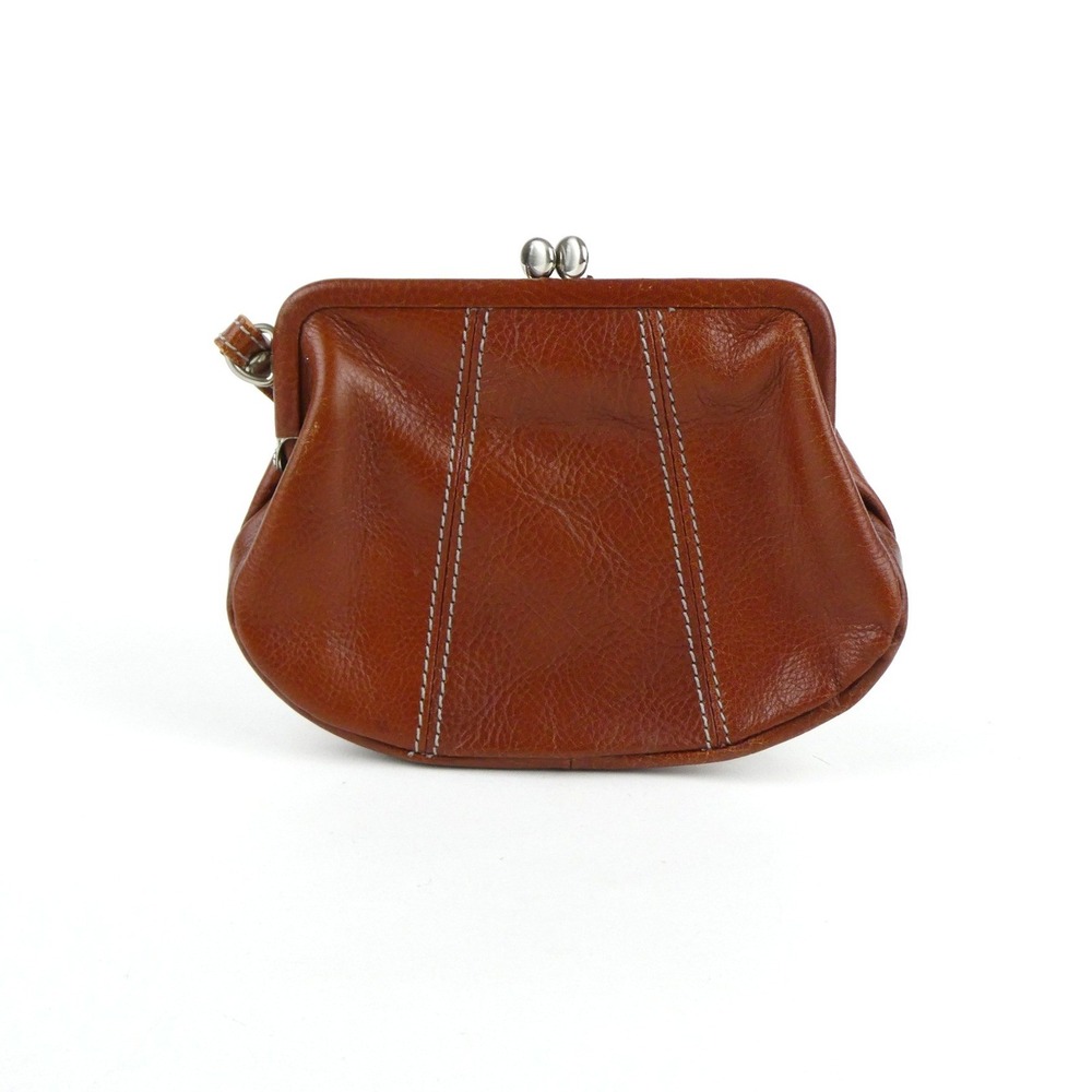 Fossil Cognac Leather Kiss Lock Frame Leather Wristlet
